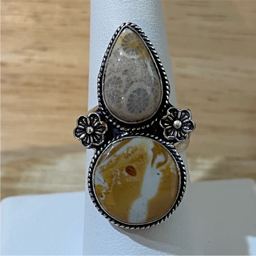 Fossil Coral Maligano Jasper Double Gemstone 925 Silver Overlay Ring Size 7.75